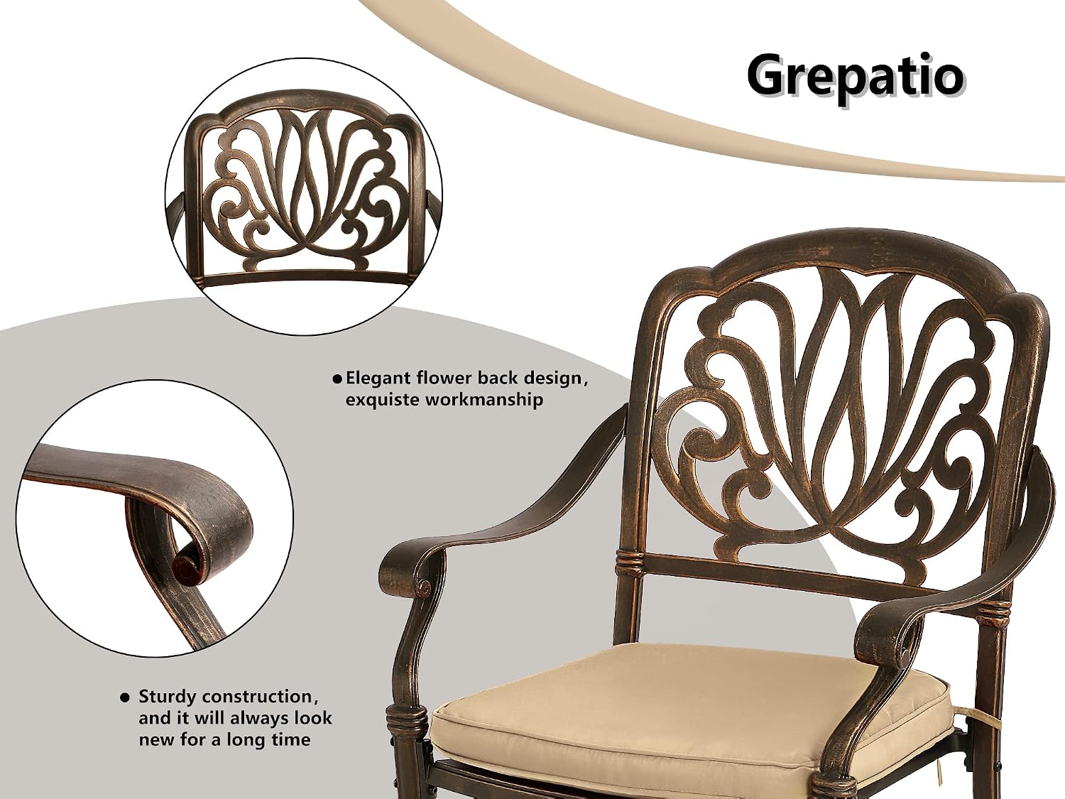 Grepatio 9 Piece Cast Aluminum Patio Furniture Set Outdoor Dining Set Bistro Furniture Set with 8 Armchairs and Dining Table, 8 Cushions for Backyard Garden Poolside (Khaki)