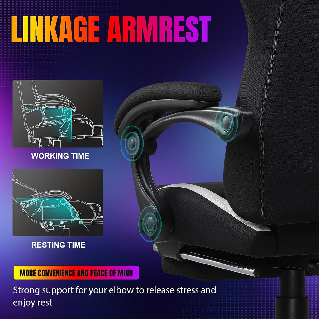 GTPLAYER RGB Gaming Chair with Footrest, LED Lights, Ergonomic Computer Chair with Linkage Armrest, Breathable Fabric for Home Office Desk - Video Game Chairs for Adults, Dim RGB