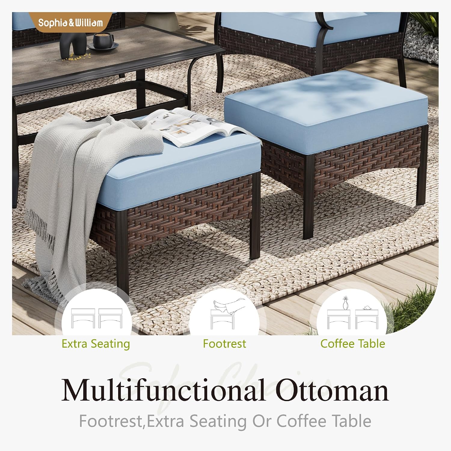 Sophia & William Patio Furniture Set with 56' Fire Pit Table, 9 Seats Metal Frame Outdoor Conversation Sets Wicker Patio Sectional Sofa Set with Ottomans for Porch, Deck, Poolside, Blue