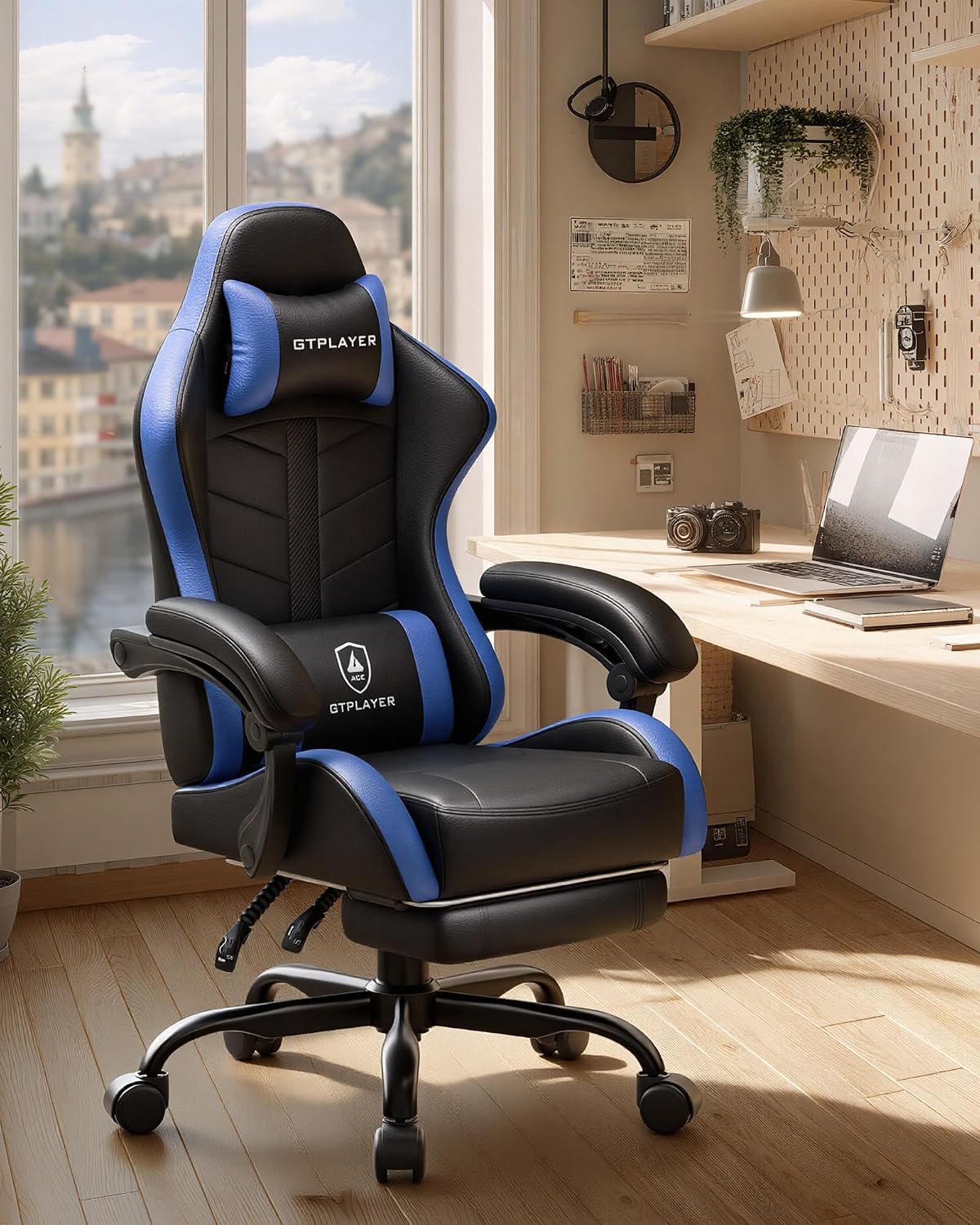 GTPLAYER Gaming Chair with Footrest, Computer Gaming Chair for Adults and Kids, Height Adjustable Gamer Chair with 90-155° Recline & Removable Headrest Lumbar Support, Dark Black-Blue
