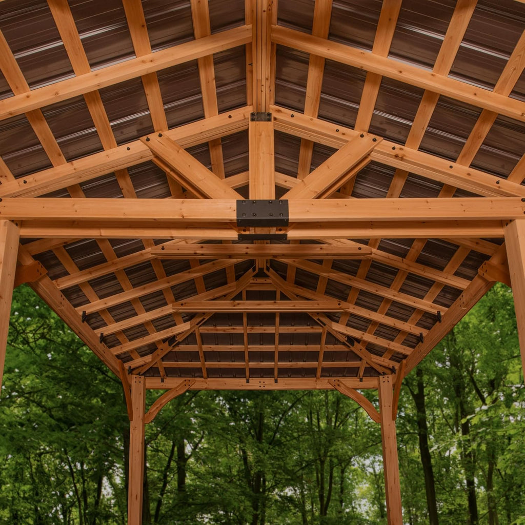 Backyard Discovery Barrington 24' x 12' Cedar Wood Outdoor Gazebo Pavilion with Hardtop Galvanized Steel Hip Roof, Snow Support, Wind Resistance, PowerPort, Shade for Garden, Patio, Deck, Entertaining