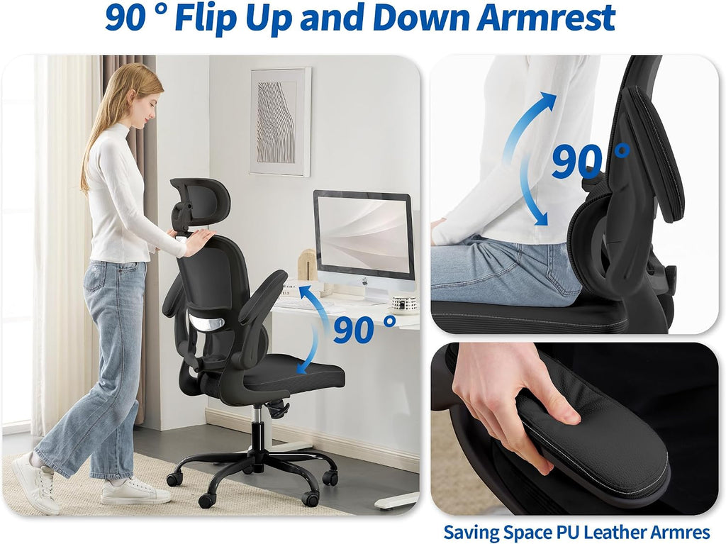 TRALT Ergonomic Office Chair - Desk Chair with Adjustable Headrest Lumbar Support Computer Chair - Mesh Comfy Chair with Flip-up Armrests - Gaming Chair for Adults Home Office PU, Black, Pack of 6