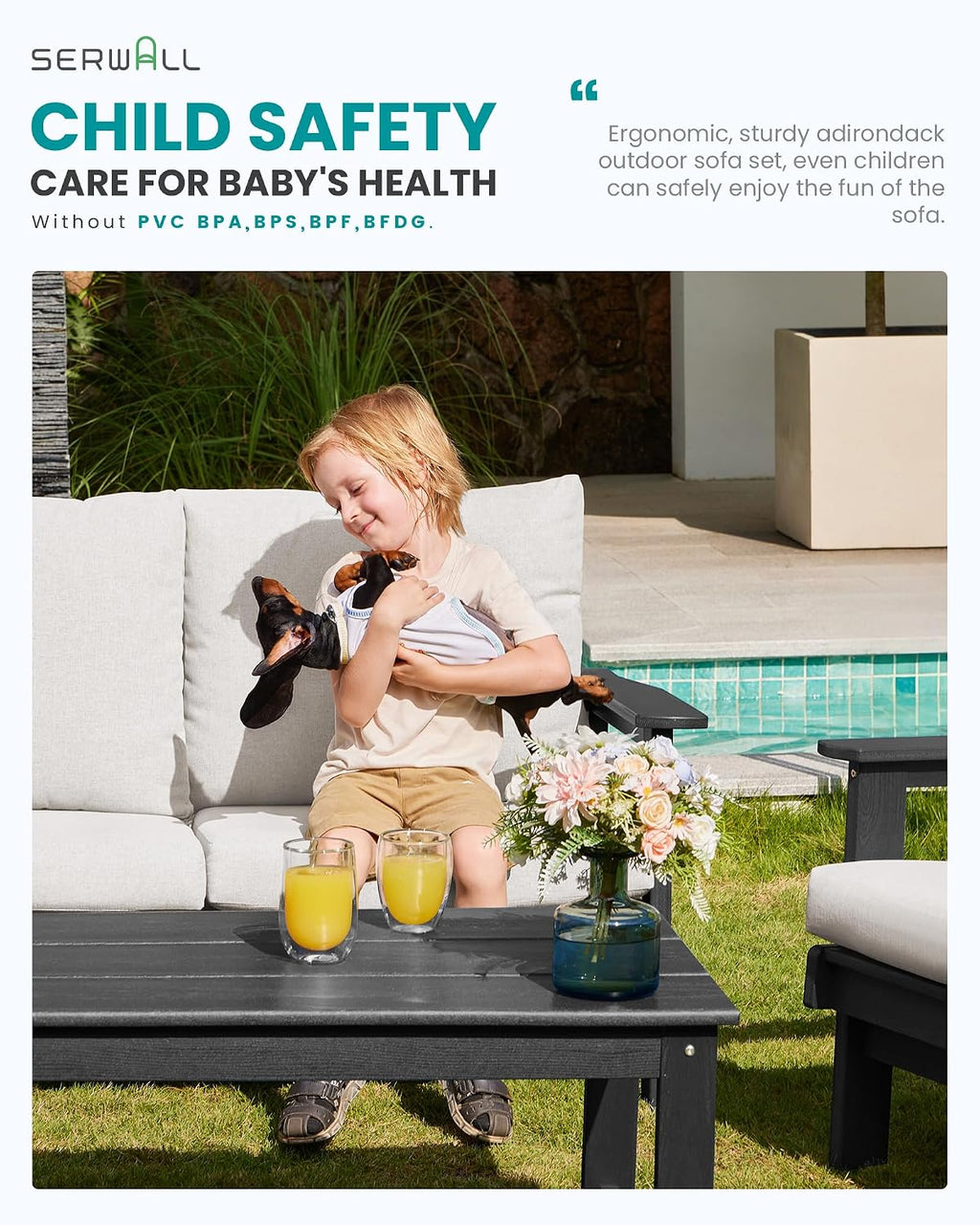 SERWALL Outdoor Loveseat, All-Weather HDPE Outdoor Furniture Set, Grey Frame and Khaki Cushion