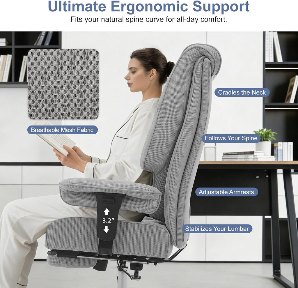 EXCEBET Big and Tall Office Chair 400lbs Wide Seat, Leather High Back Executive Office Chair with Foot Rest, Ergonomic Chairs Lumbar Support for Lower Back Pain Relief (Mesh Dove Grey)