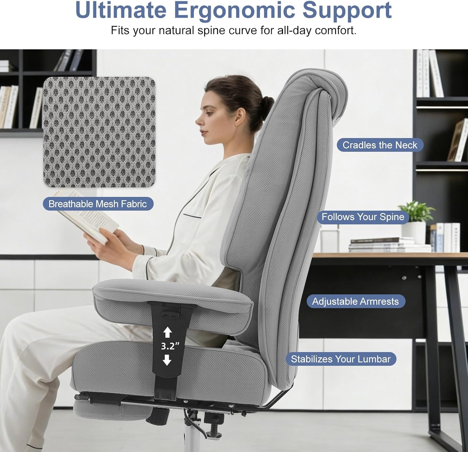EXCEBET Big and Tall Office Chair 400lbs Wide Seat, Leather High Back Executive Office Chair with Foot Rest, Ergonomic Chairs Lumbar Support for Lower Back Pain Relief (Mesh Dove Grey)
