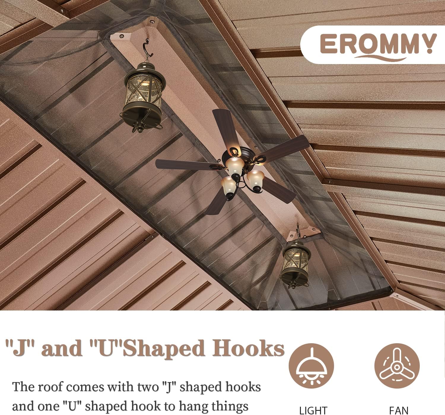 EROMMY 10'x13' Hardtop Gazebo, Galvanized Steel Outdoor Aluminum Canopy with Netting and Shaded Curtains, Double Roof Pergolas, Permanent Metal Pavilion for Patio, Backyard, Deck and Lawns, Brown