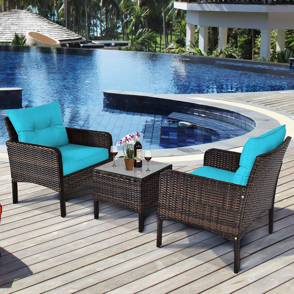 Tangkula 3 Piece Wicker Chairs with Glass Top Coffee Table, Thick Cushions, All Weather Garden Lawn Poolside Backyard Porch Outdoor Patio Furniture Set for 2 (Turquoise)