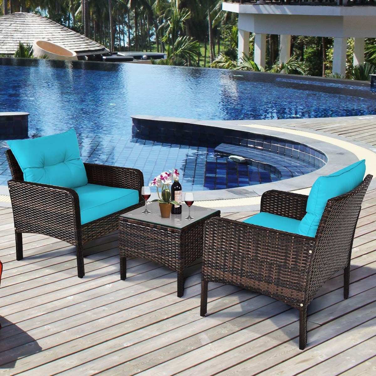Tangkula 3 Piece Wicker Chairs with Glass Top Coffee Table, Thick Cushions, All Weather Garden Lawn Poolside Backyard Porch Outdoor Patio Furniture Set for 2 (Turquoise)