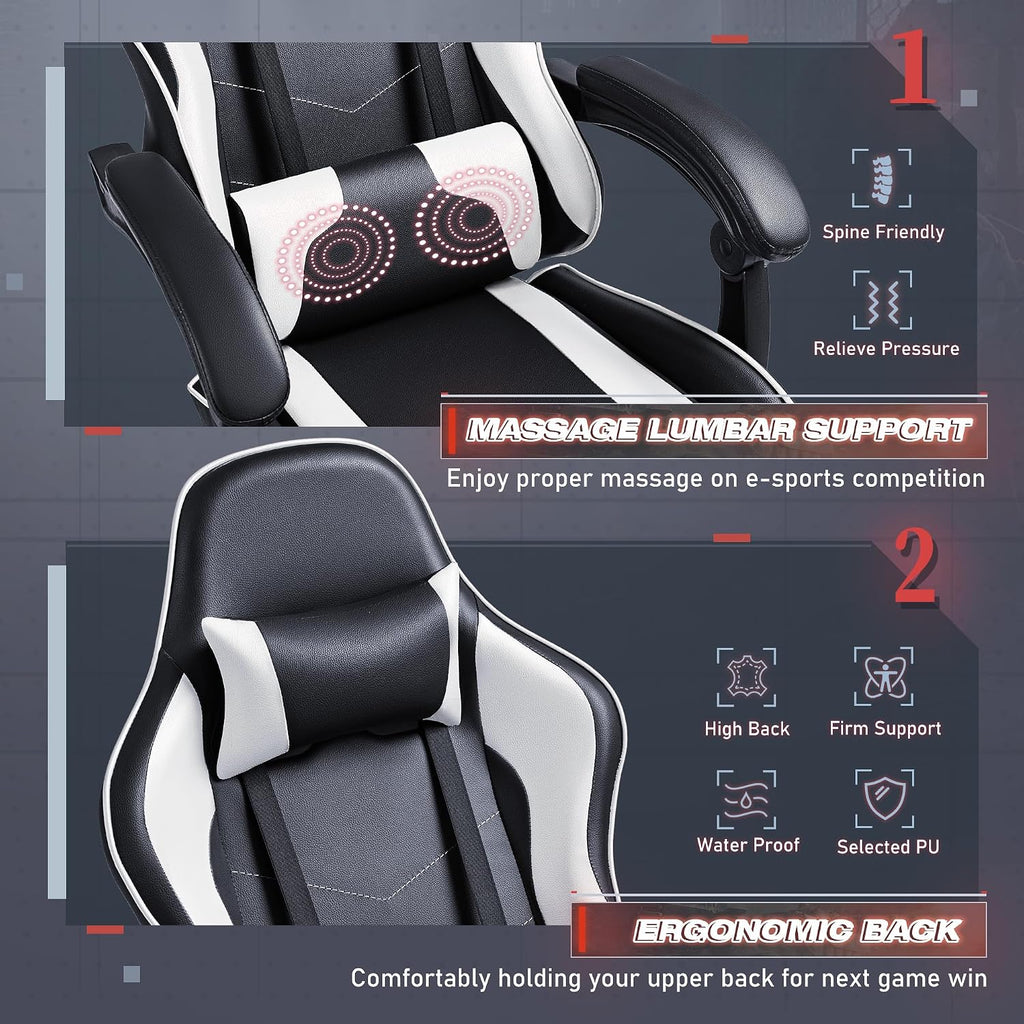 Furmax Gaming Chair, Video Game Chair with Footrest and Massage Lumbar Support, Swivel Seat Height Adjustable Computer Chair with Headrest, Racing E-Sport Gamer Chair (White)