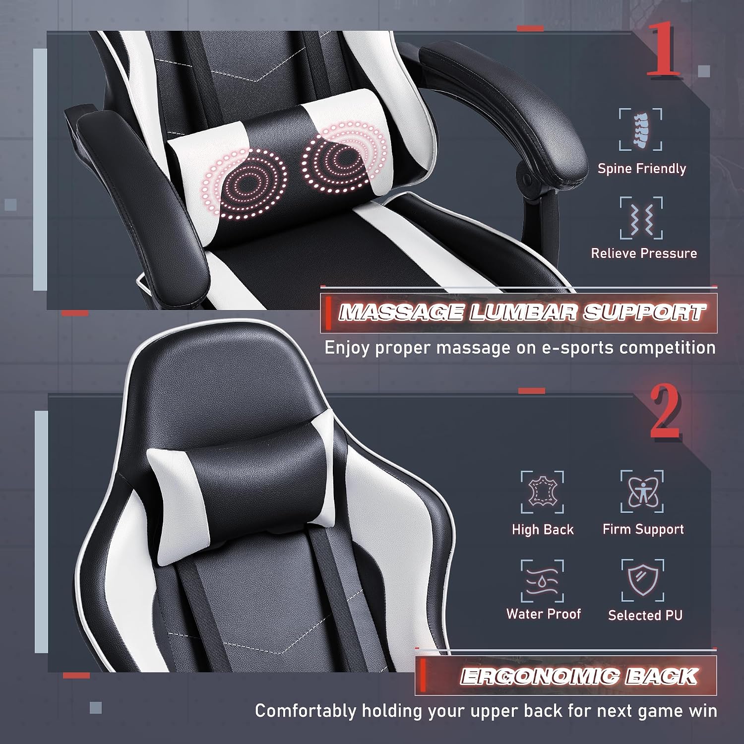 Furmax Gaming Chair, Video Game Chair with Footrest and Massage Lumbar Support, Swivel Seat Height Adjustable Computer Chair with Headrest, Racing E-Sport Gamer Chair (White)