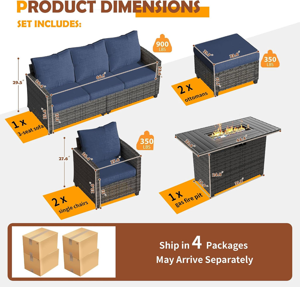 UDPATIO Patio Furniture Set with 44' Fire Pit Table, 6 Pieces Outdoor Sectional Conversation Sets, All-Weather Wicker Rattan Sofa Ottoman with 4' Thick Cushion for Garden Backyard Poolside, Navy Blue