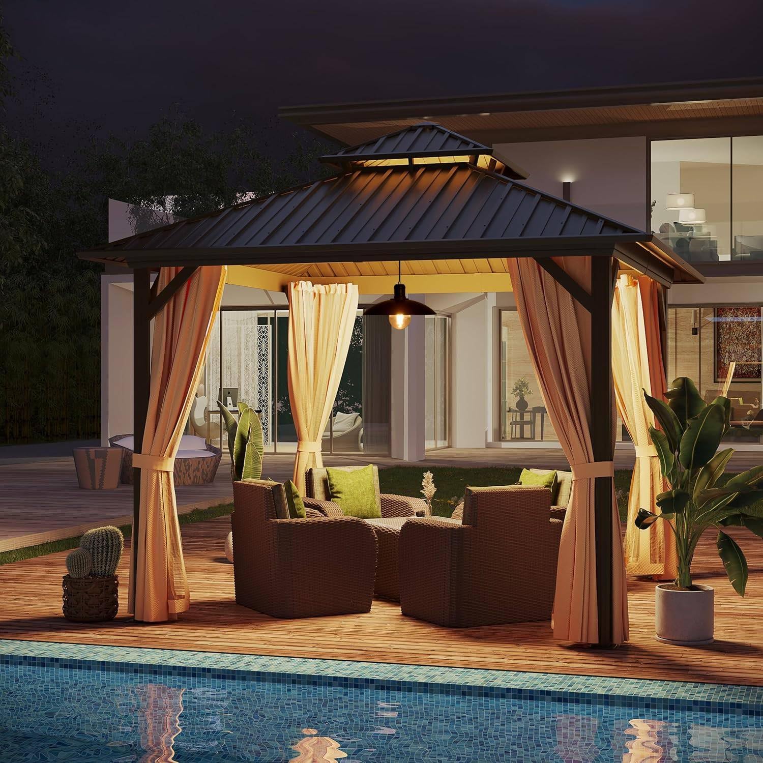 10'x10' Hardtop Gazebo Outdoor Aluminum Patio Gazebo Double Roof Galvanized Steel Canopy with Netting and Curtains,for Garden, Backyard,Deck and Lawns