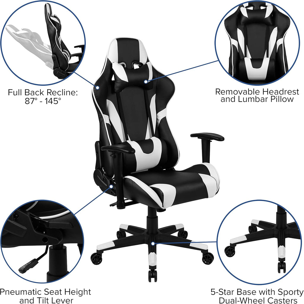 Flash Furniture X20 Fully Reclining LeatherSoft Racing Style Gaming Chair with Headrest, Lumbar Pillows, Ergonomic Swivel Computer Chair, Black/White