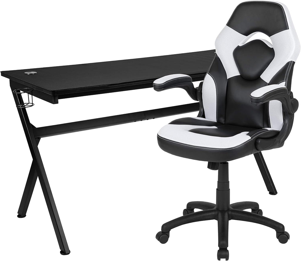 Flash Furniture Gaming Desk and White/Black Racing Chair Set /Cup Holder/Headphone Hook/Removable Mouse Pad Top - 2 Wire Management Holes