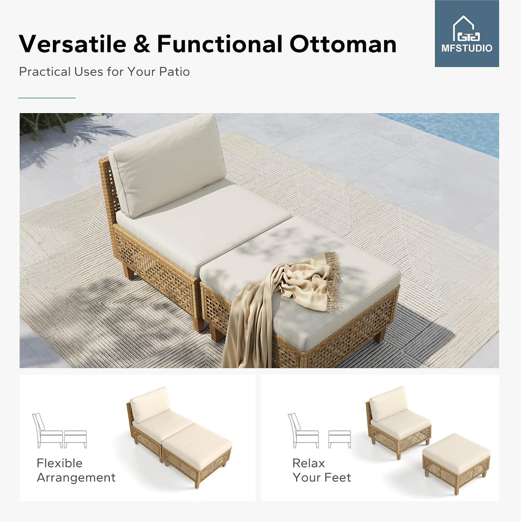 MFSTUDIO Wicker Patio Furniture Set, Rattan Outdoor Couch Sectional Sofa, 5 Pieces Patio Conversation Set with Acacia Wood Coffee Table, Outdoor Rattan Furniture Set for Garden or Balcony, Beige