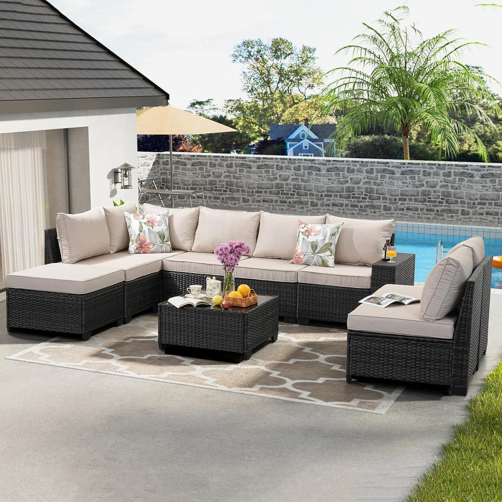 Jing's Villa 9-Piece Patio Furniture Set, All-Weather Outdoor Wicker Sectional Sofa with Cushions, Tempered Glass Table & Ottoman, Rattan Conversation Seating for Porch, Garden, Backyard,Beige