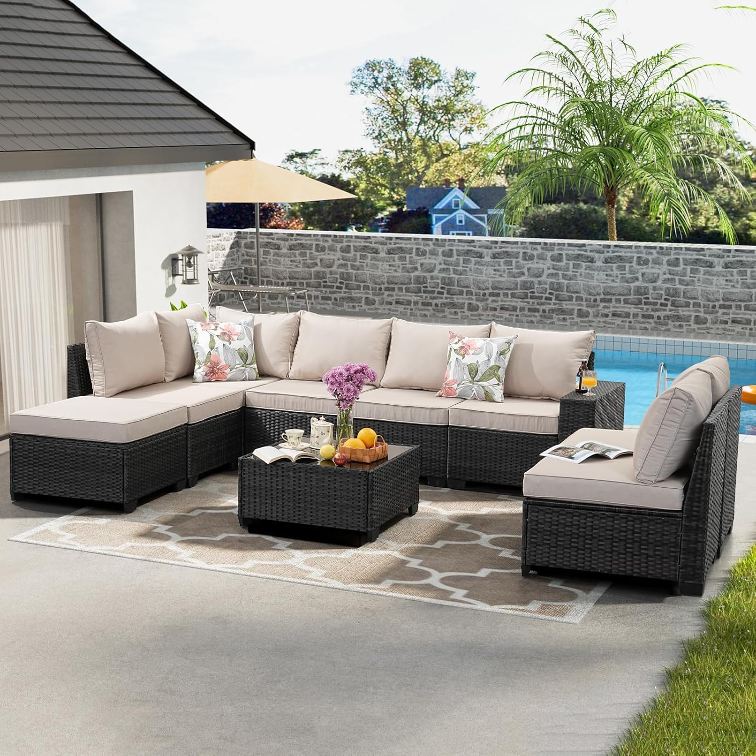 Jing's Villa 9-Piece Patio Furniture Set, All-Weather Outdoor Wicker Sectional Sofa with Cushions, Tempered Glass Table & Ottoman, Rattan Conversation Seating for Porch, Garden, Backyard,Beige