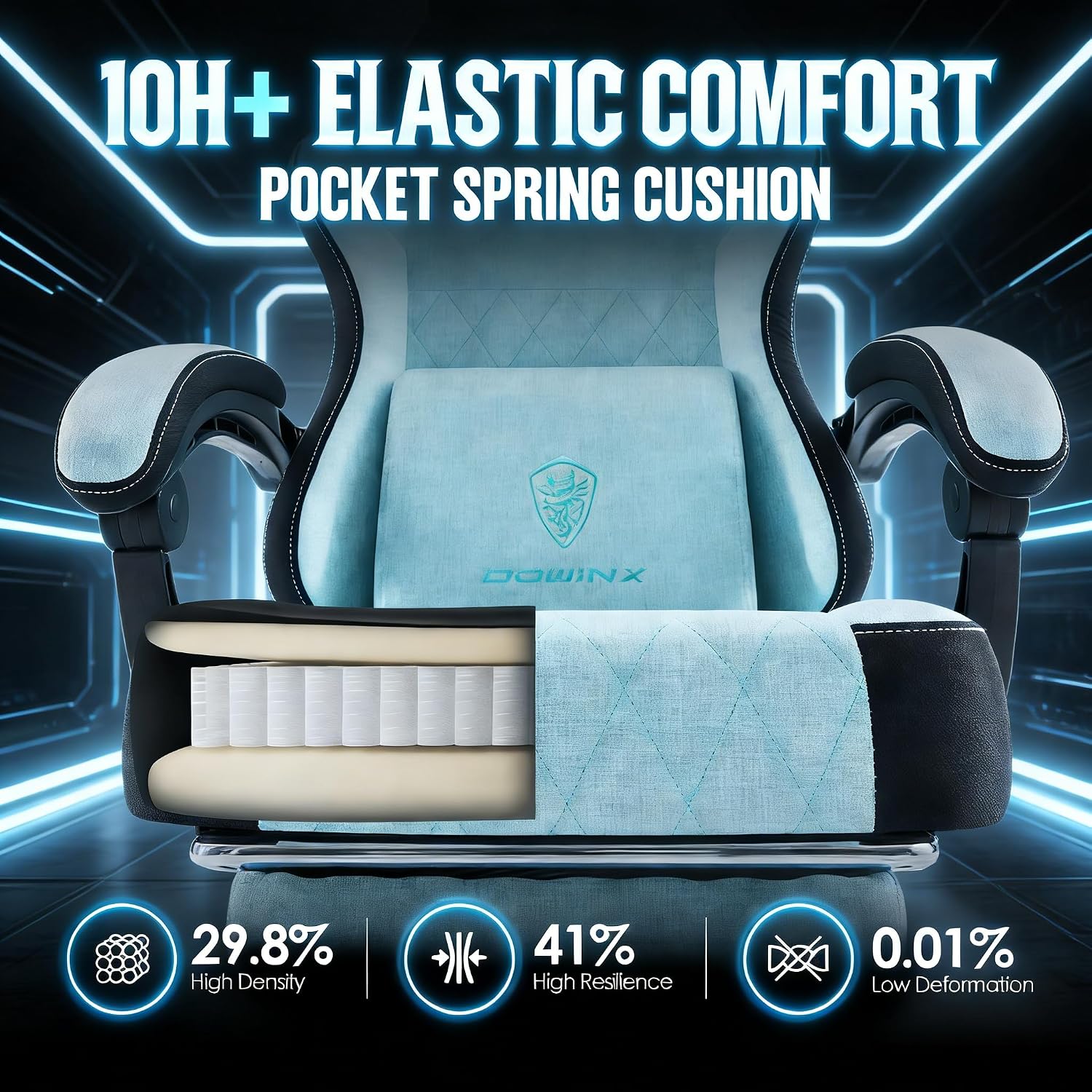 Dowinx Gaming Chair, Breathable Fabric Computer Chair with Pocket Spring Cushion, Ergonomic Massage Gamer Chair with Lumbar Support and Footrest, Height Adjustable Office Game Chairs for Adults, Aqua
