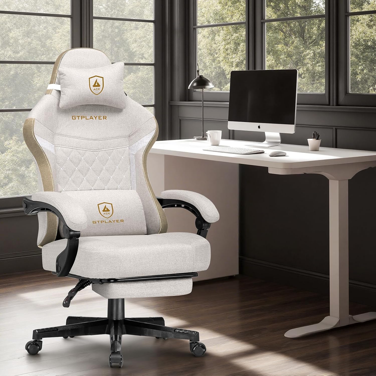 GTPLAYER Gaming Chair, Fabric Computer Office Chair with Pocket Spring Cushion, Ergonomic Office and Gaming, Video Gaming Chair with Linkage Armrests, High Back Desk Chair with Adjustable Recliner