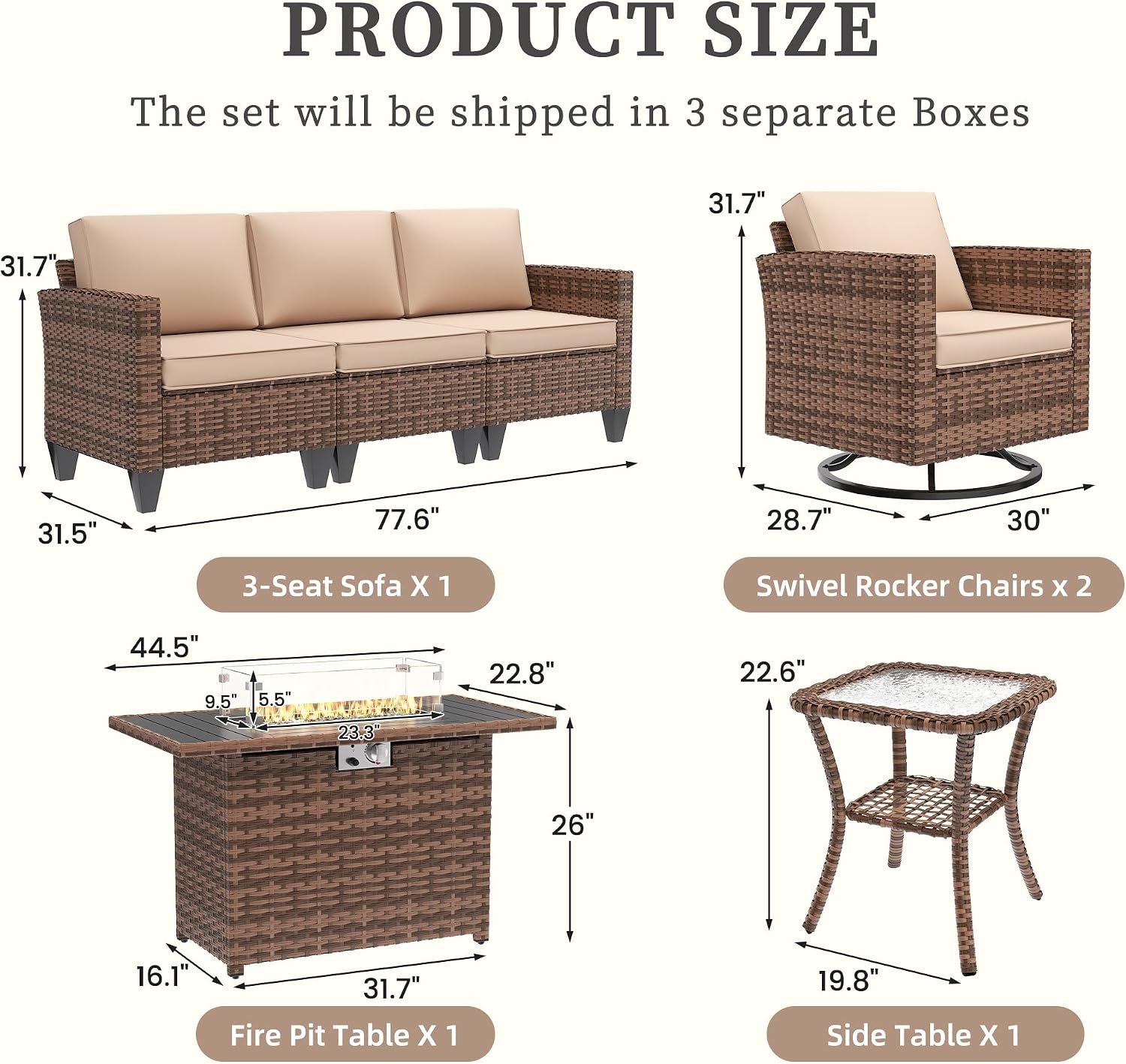 UDPATIO Patio Furniture Set with Fire Pit Table and Swivel Rocking Chairs, 5 Pieces Outdoor Wicker Furniture Set with Waterproof Cover, 4'' Thickened Cushion, Khaki