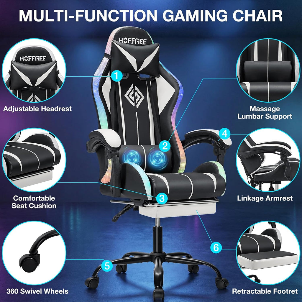 RGB Gaming Chair with LED Lights Massage Ergonomic Computer Gaming Chair High Back Video Game Chair with Footrest and Adjustable Lumbar Support Linkage Armrest Gamer Chairs for Adults White and Black