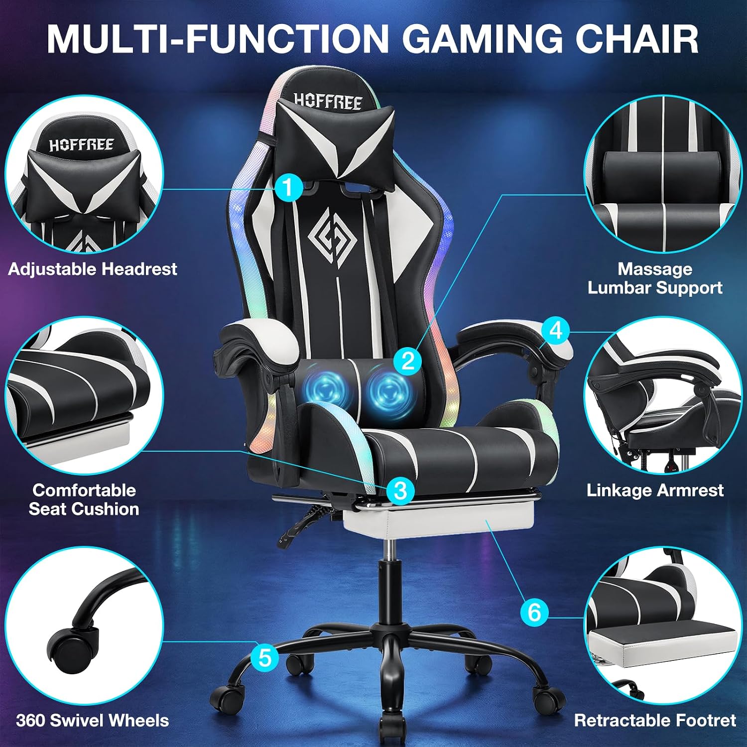 RGB Gaming Chair with LED Lights Massage Ergonomic Computer Gaming Chair High Back Video Game Chair with Footrest and Adjustable Lumbar Support Linkage Armrest Gamer Chairs for Adults White and Black