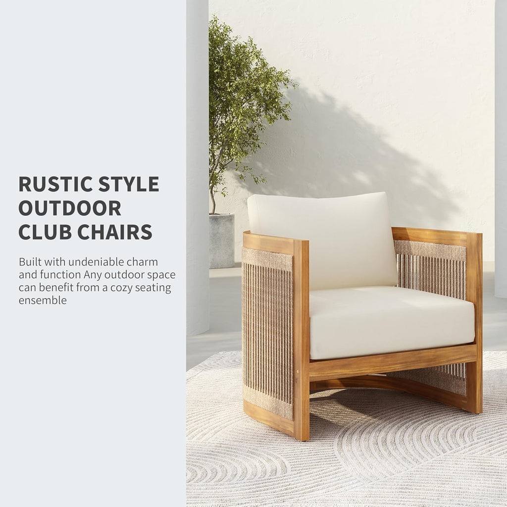 Christopher Knight Home Nesbit 4 Pieces Conversation Set, Acacia Wood Chat Set, Woven Rope Loveseat and Accent Chairs, Slat Panel Coffee Table, Patio Furniture Set for Backyard Balcony Garden, Beige