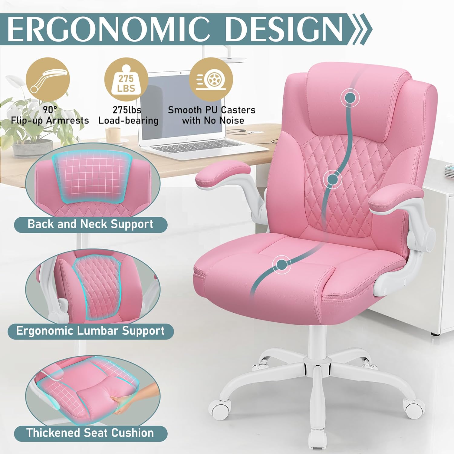 Leather Office Chair, PU Home Computer Desk Chairs with Ergonomic Back Support, 360°Swivel Free，Small Gaming Chair with Wheels and Adjustable Armrests, for Short People Use