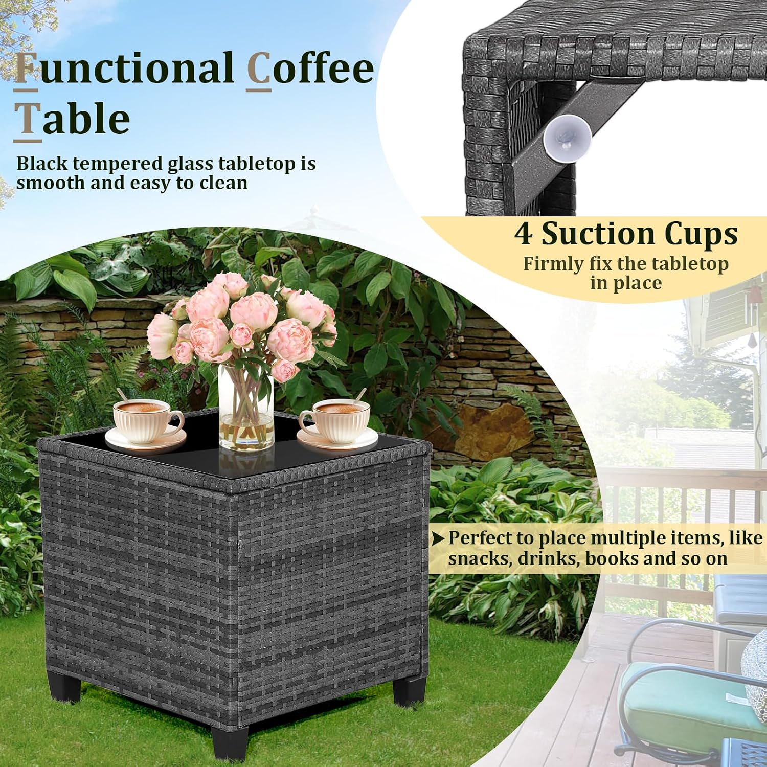 RELAX4LIFE 3 Piece Patio Furniture Set, Wicker Bistro Conversation Set w/2 Cushioned Armchairs & Glass Topped Table, Outdoor Rattan Sofa Set Patio Furniture for Porch Balcony Poolside (Grey-White)
