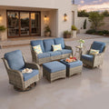 ovios 6-Piece Patio Furniture Set with Swivel Chairs Side Table, Outdoor Wicker Sofa with Comfy Cushions, High Back Couch Modern Conversation Sets, Grey/Denim Blue