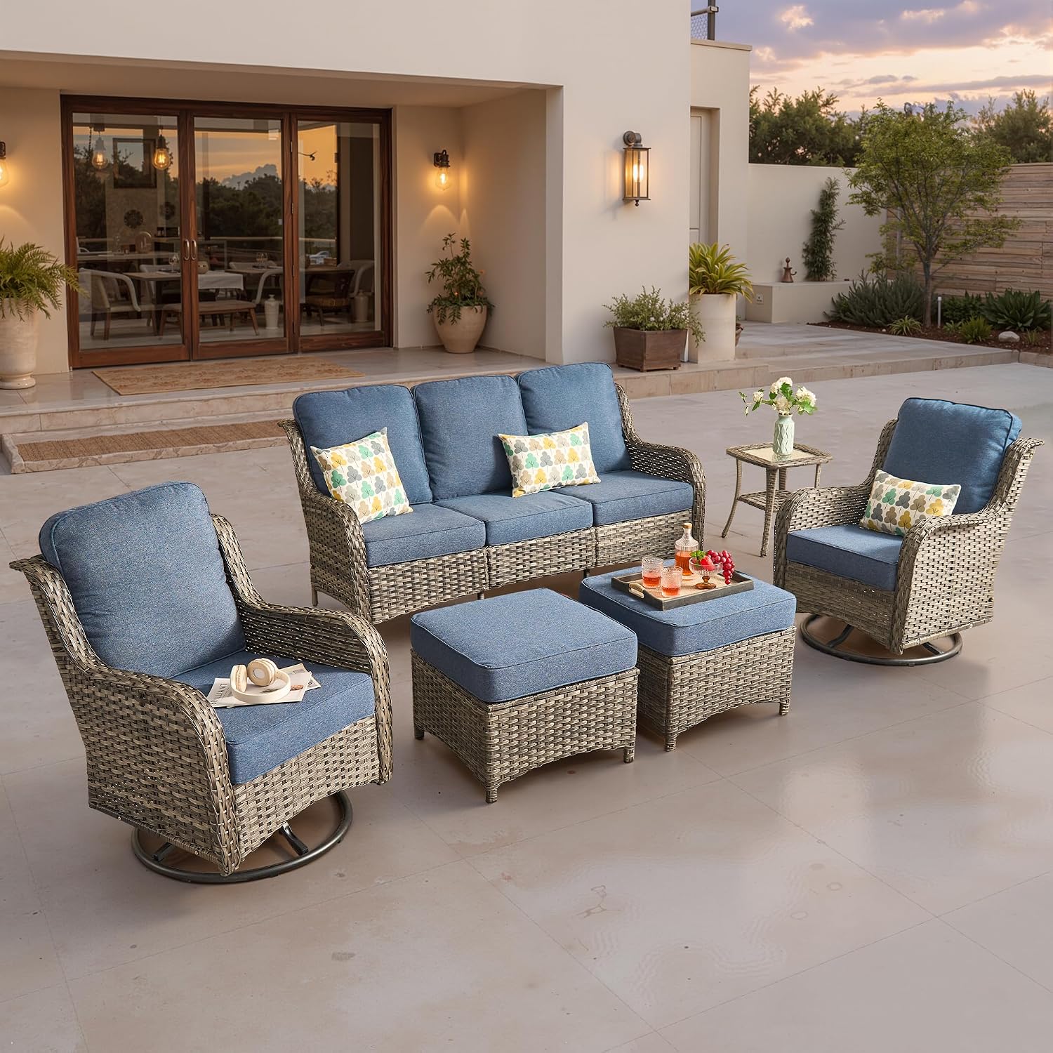 ovios 6-Piece Patio Furniture Set with Swivel Chairs Side Table, Outdoor Wicker Sofa with Comfy Cushions, High Back Couch Modern Conversation Sets, Grey/Denim Blue