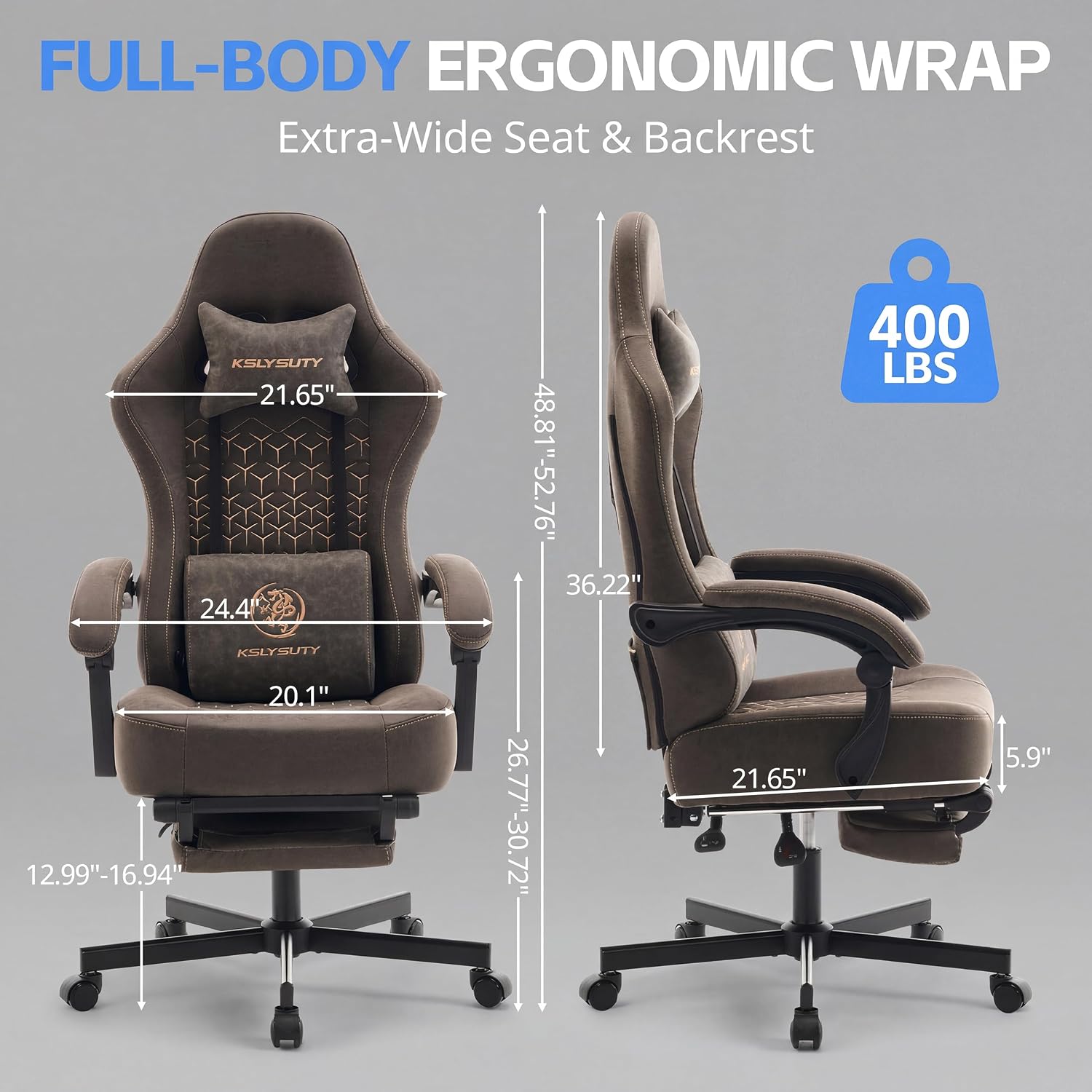 Gaming Chair Breathable Leather with Pocket Spring Cushion, Wide and High Ergonomic Office Chair with Headrest, Computer Gaming Chair with Footrest for Adult and Teen (Grey Leather)