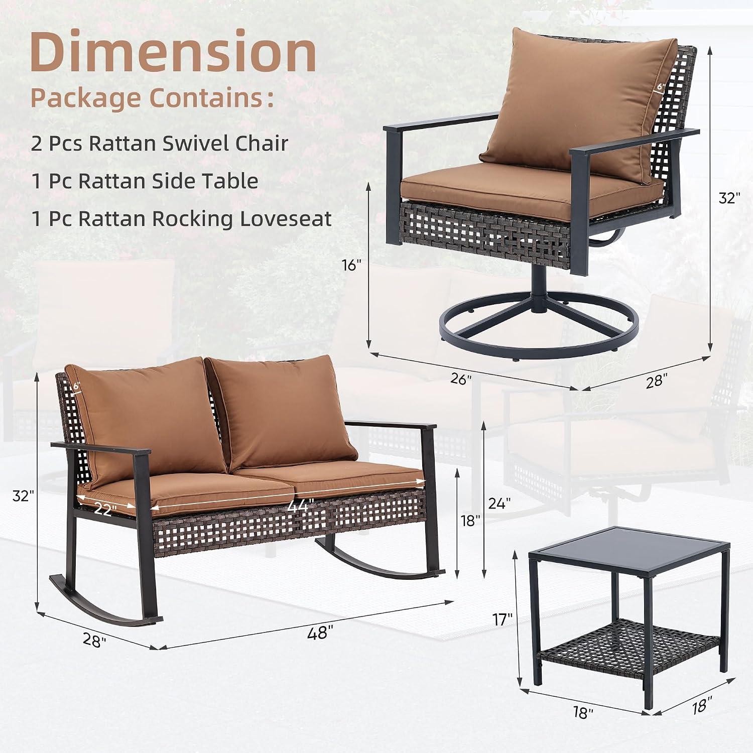 Ainfox Patio Furniture Set 4 Pieces, Patio Wicker Rattan Swivel Rocker, Outdoor Swivel Rocking Chairs Set with Loveseat, Garden Conversation Bistro Sets for Porch, Pool, Backyard Brown