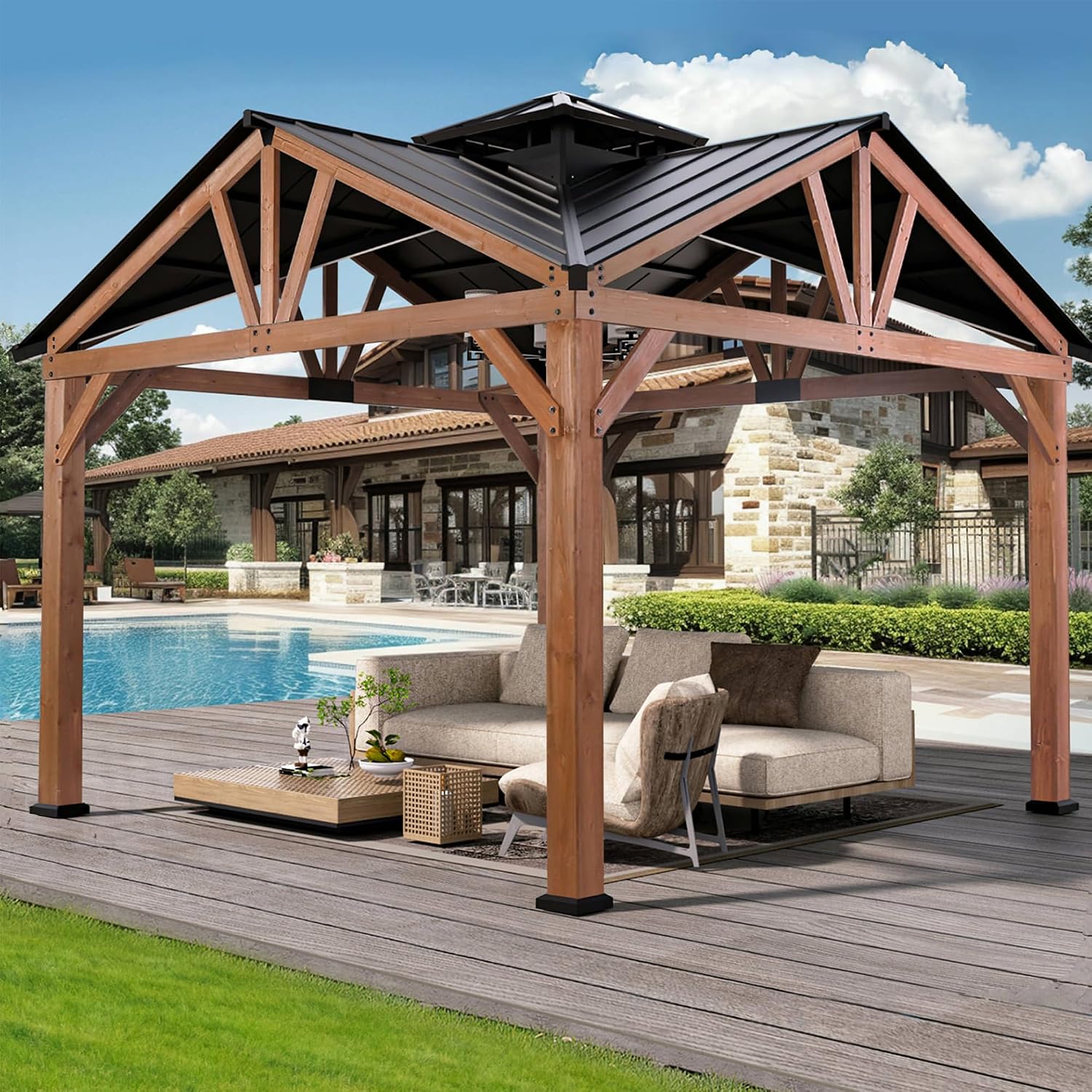 Modern Shade Cedar Wood Gazebo 12' x 12', Heavy Duty Hardtop Gazebo with Steel Roof, Water Resistant, Wind Resistant, Solid Wood Framed Pavilion, Perfect for Your Permanent Outdoor Pavilion