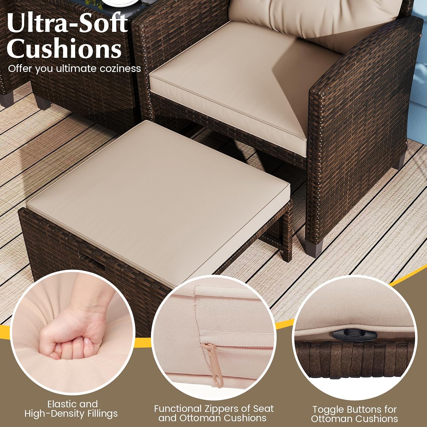 KOTEK 5 Pieces Patio Furniture Set with Ottomans, Wicker Patio Conversation Set with Coffee Table & Cushions, PE Rattan Outdoor Lounge Chairs for Backyard, Porch, Poolside (Mix Brown- Beige)