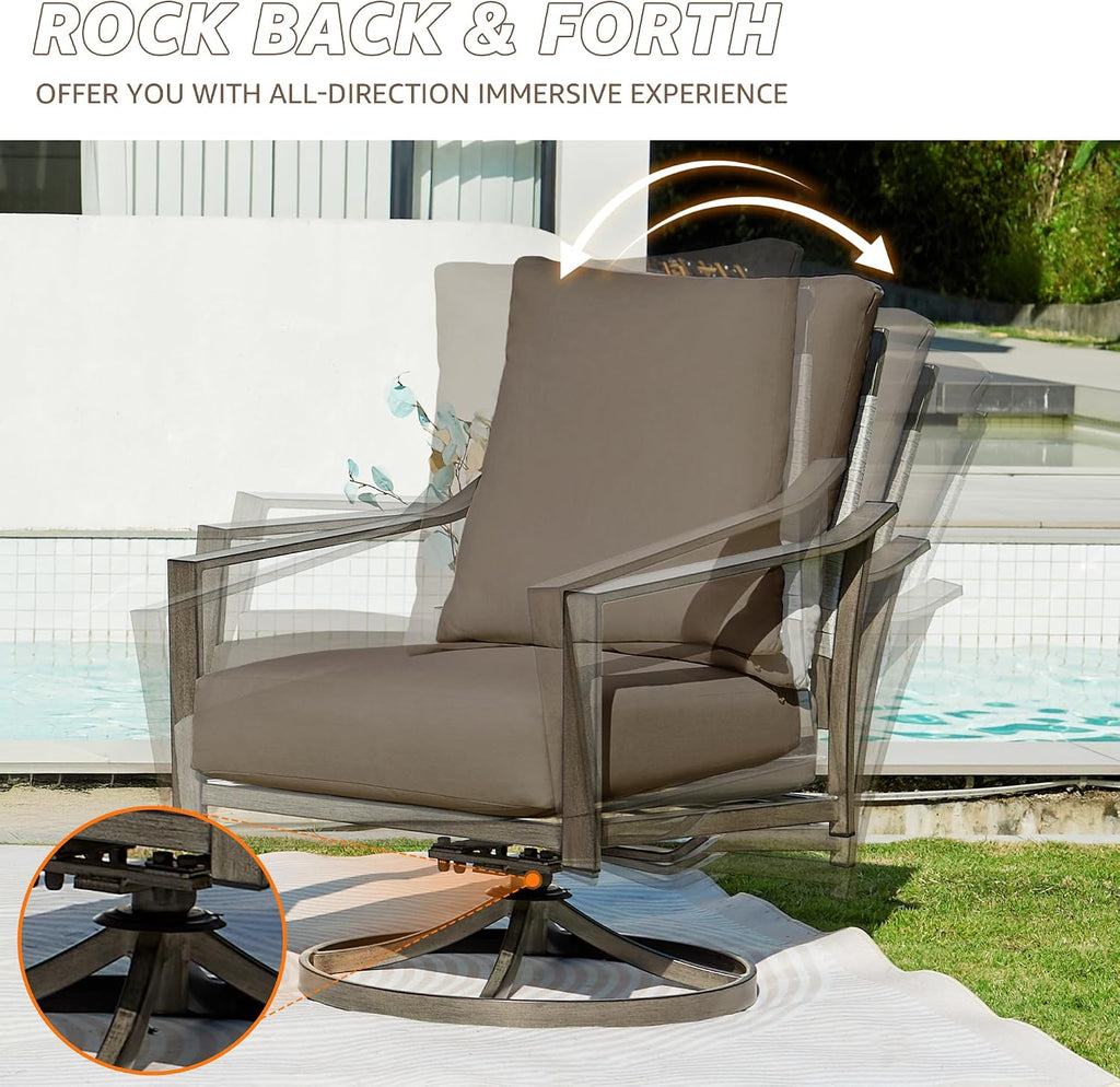 NATURAL EXPRESSIONS Patio Furniture Set,4 Piece Outdoor Conversation Metal Swivel Rocking Chairs Set with Hand-Woven Rope High Back,Sturdy Hand Brushed Wood Grain Finish Frame,6' Cushions for Yard