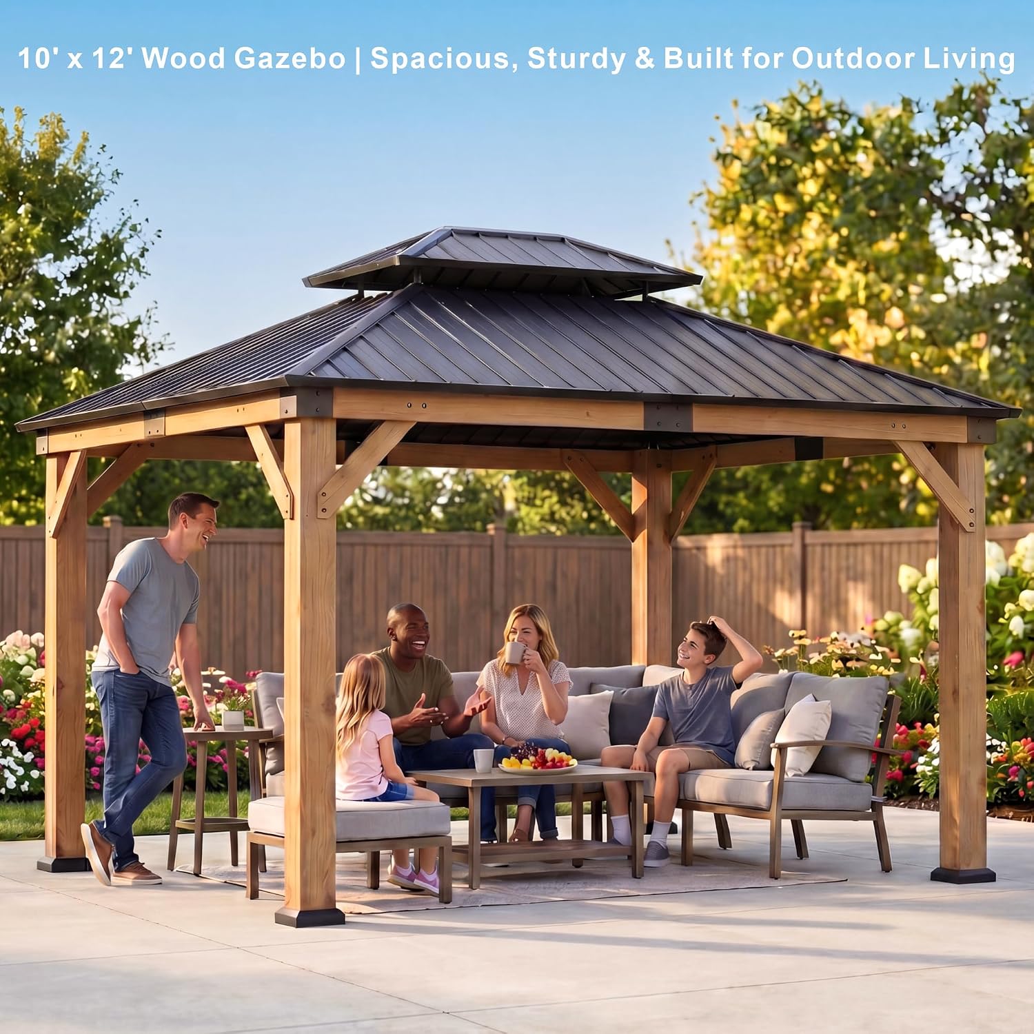 10' x 12' Wood Gazebo, Hardtop Gazebo Permanent Wooden Pavilion with Galvanized Steel Double Roof, Cedar Outdoor Gazebo with 4.72' Thick Posts for Patio, Backyard, Garden and Deck