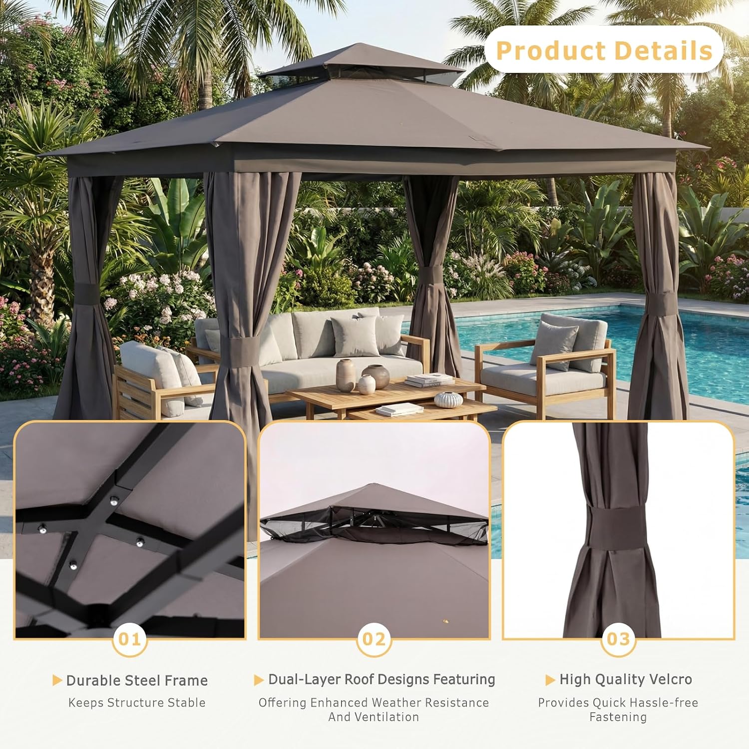10'x12' Outdoor Gazebo, Heavy Duty Metal Frame Patio Gazebo Canopy with Waterproof Double Roofs, Tent Shelter with UPF50+ Protection, Mosquito Netting and Privacy Screens for Backyard, Garden, Lawn