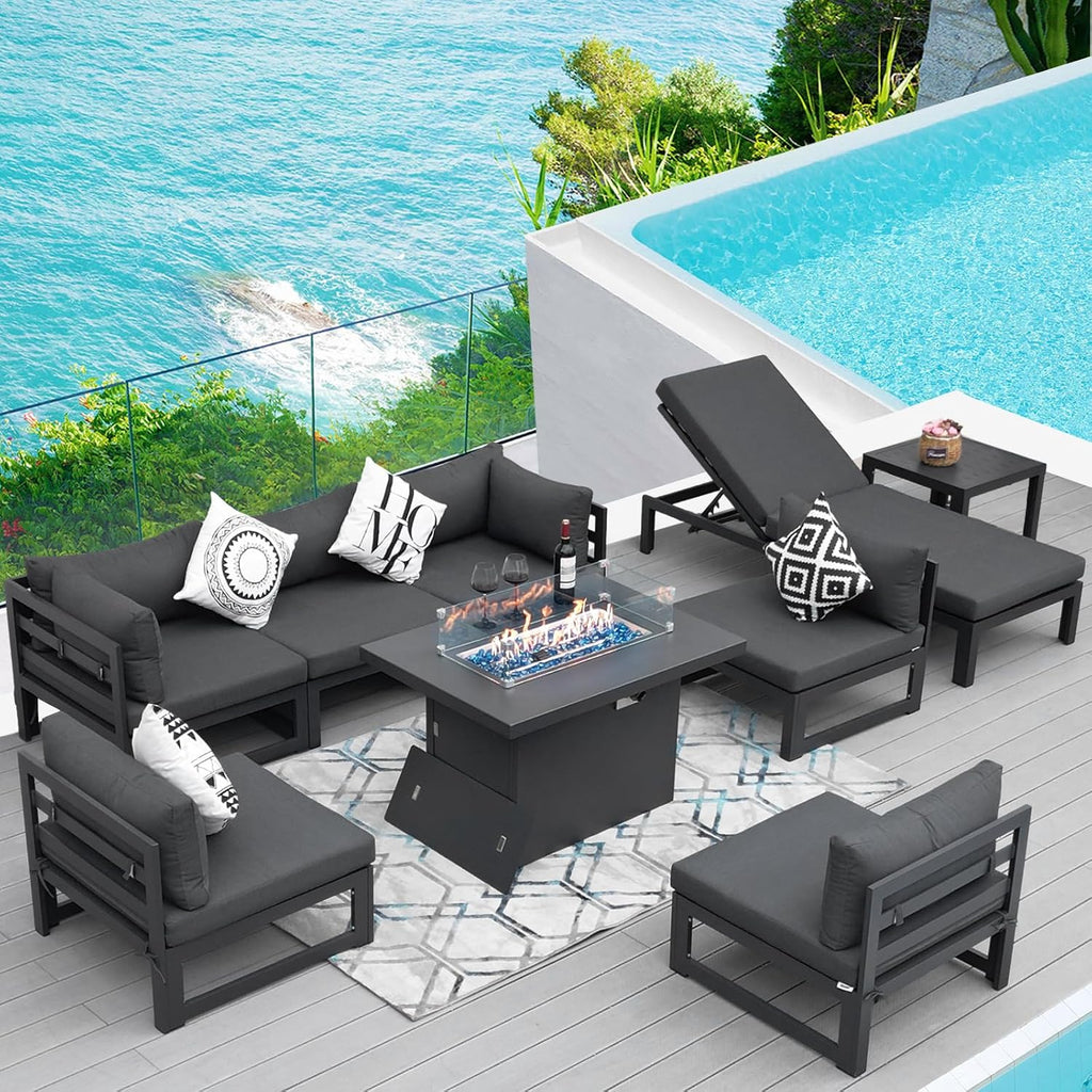 RADIATA 9 Piece Oversized Modular Aluminum Patio Furniture Set with Chaise Lounge, 29 inch Deep and Wide Sectional Couch, 500 lbs High Weight Capacity, Outdoor Conversation Set for Poolside, Dark Gray