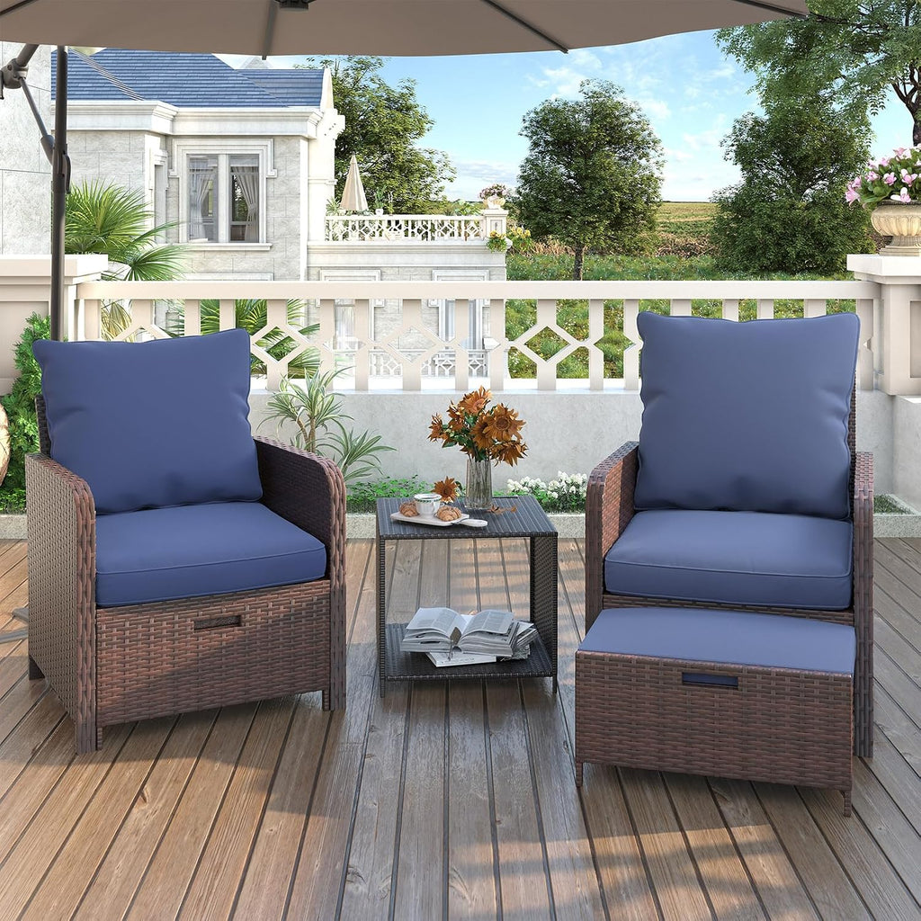 UDPATIO Balcony Furniture Patio Chairs with Hidden Ottoman 5 Piece Patio Furniture Set with Side Table for Front Porch, Blue Cushion