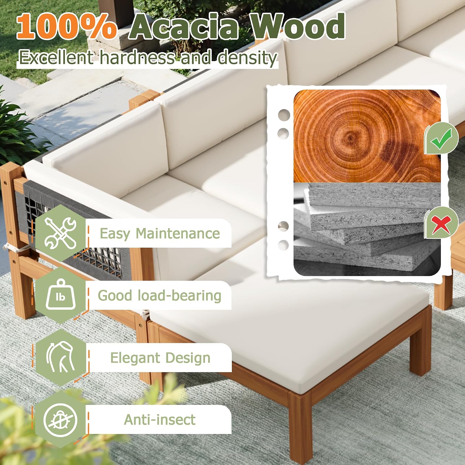 Devoko 7 Piece Acacia Wood Patio Sofa, Outdoor Sectional Coach and Love Seat with Coffee Table, Acacia Wood Patio Furniture Set for Balcony,Porch,Garden