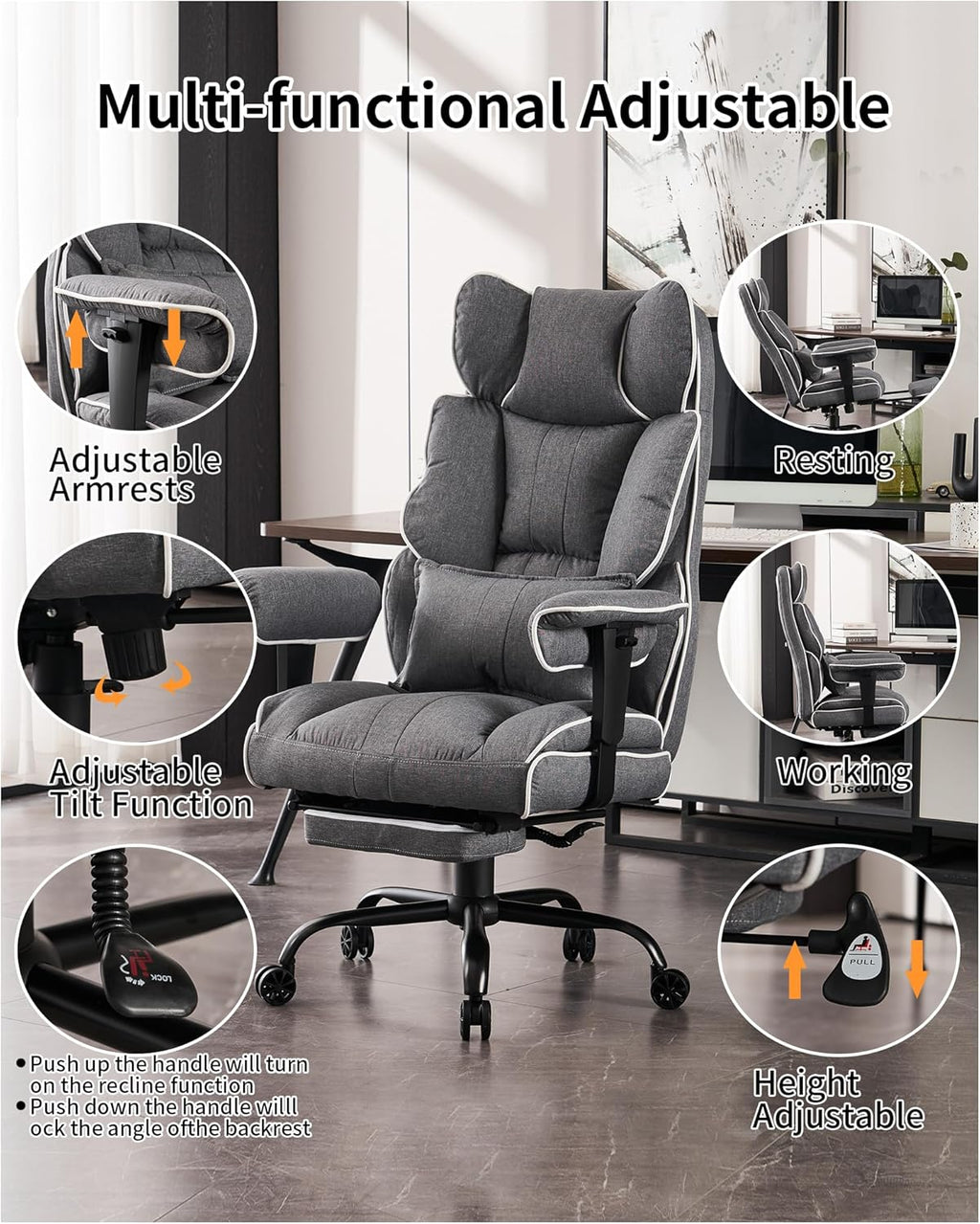 Efomao Fabric Office Chair, Big and Tall Office Chair 400 lb Weight Capacity, High Back Executive Office Chair with Foot Rest, Ergonomic Office Chair for Back Pain Relief, Gray