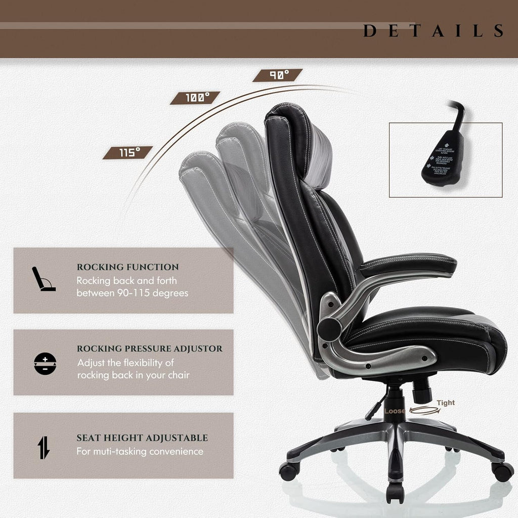 COLAMY Executive Office Ergonomic Chair with Thick Bonded Leather, 300lbs Capacity Big and Tall High Back Desk Chair with Flip-up Armrests, Adjustable Height and Tilt for Working, Study, Gaming,2PC