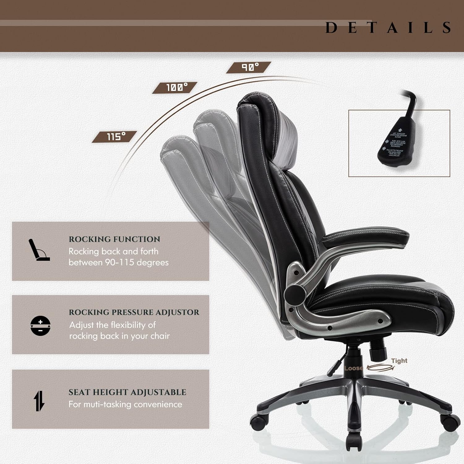 COLAMY Executive Office Ergonomic Chair with Thick Bonded Leather, 300lbs Capacity Big and Tall High Back Desk Chair with Flip-up Armrests, Adjustable Height and Tilt for Working, Study, Gaming,2PC