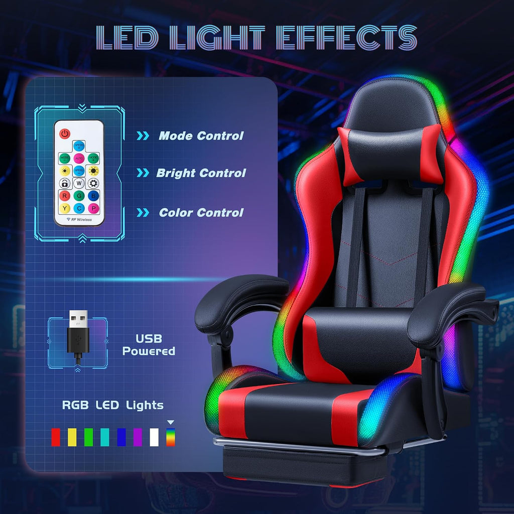 Furmax Gaming Chair with RGB LED Lights, Video Game Chair with Footrest and Massage Lumbar Support, High Back Reclining Computer Chair with Headrest, Swivel Seat Gamer Chair (LED Red)