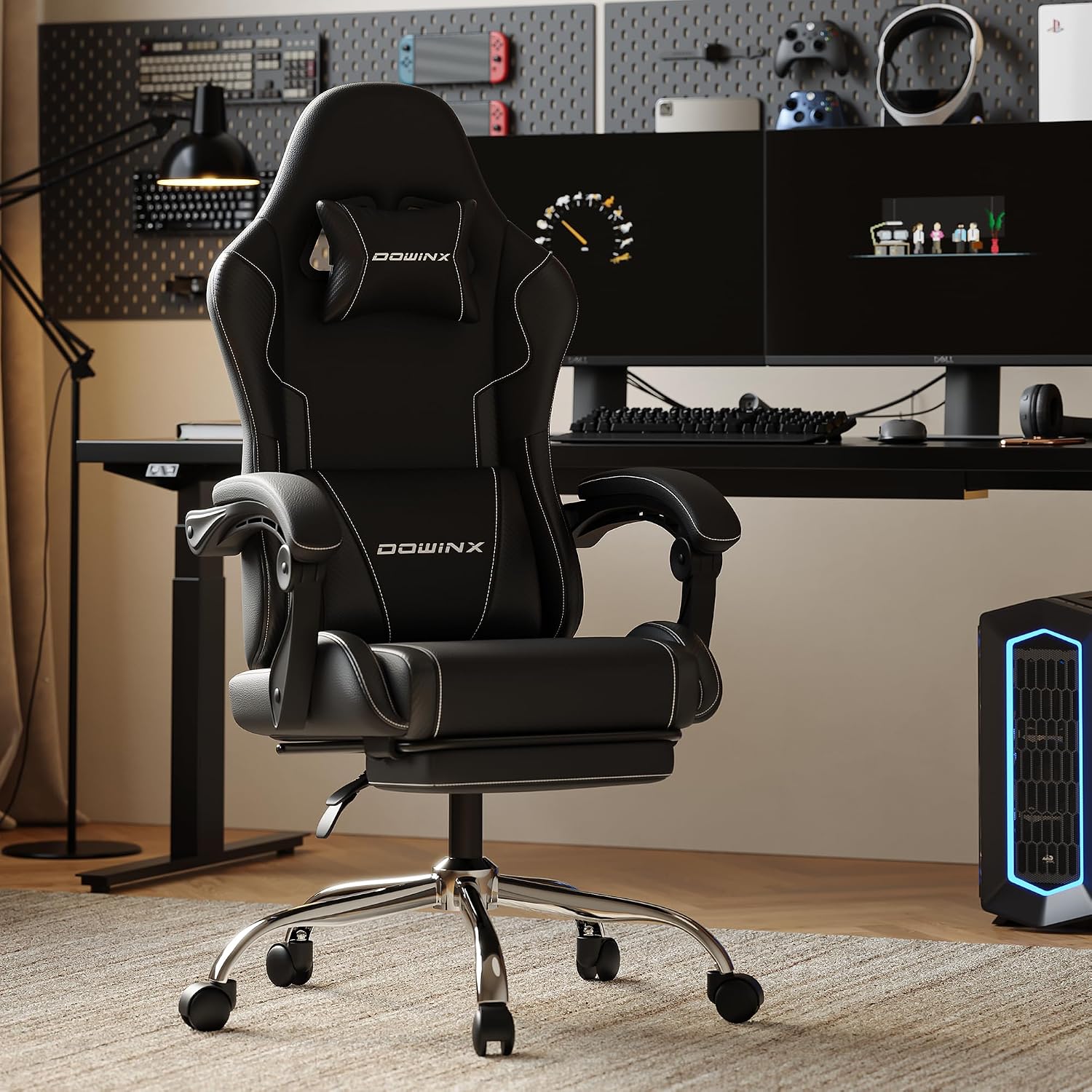 Ergonomic Gaming Chair with Footrest, Heavy Duty 330lbs Office Chair, Massage Lumbar Support, Adjustable Height & Headrest Pillow, Comfortable for Back Pain Relief, Streaming, Long Gaming, Black