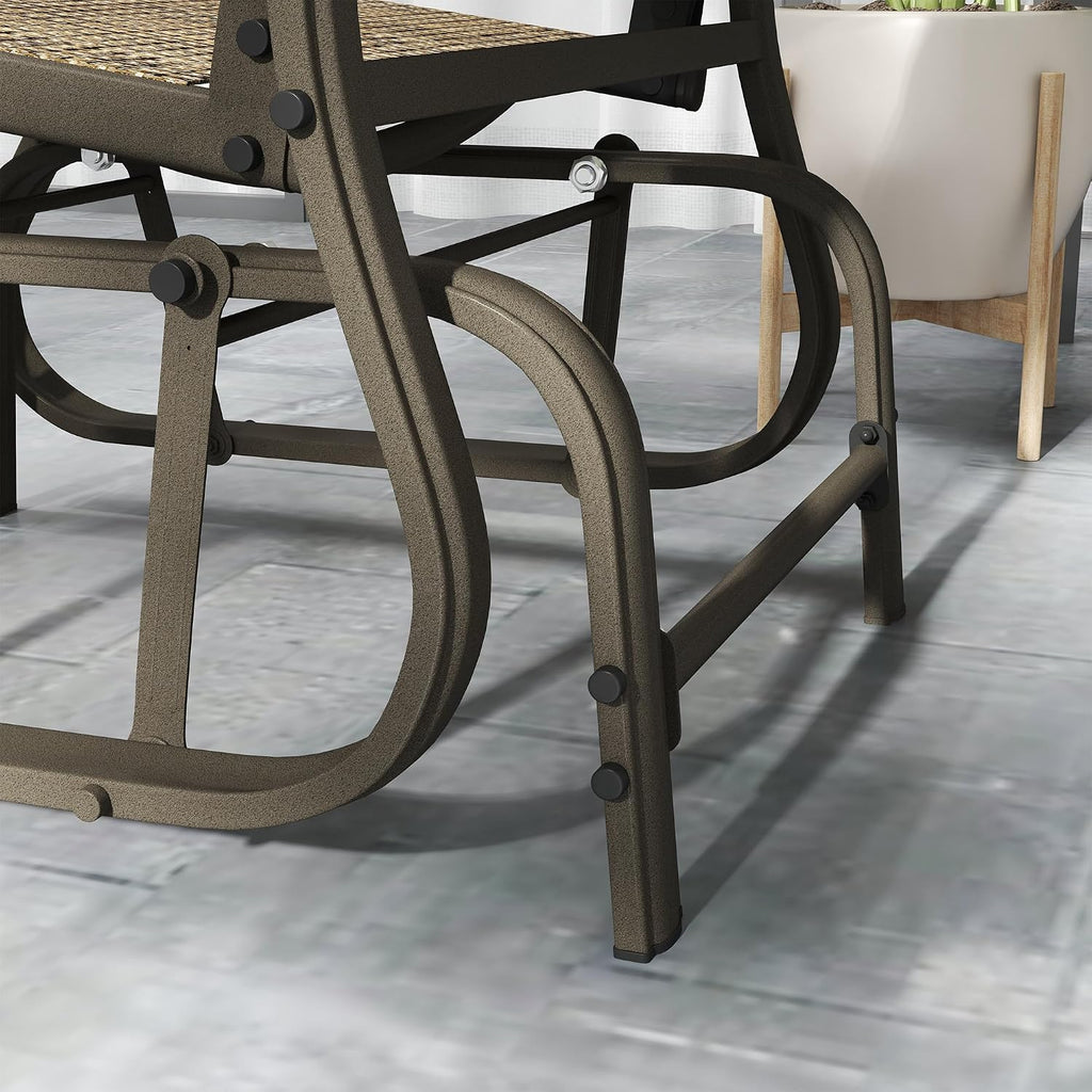 Outsunny 3-Piece Outdoor Gliders Set, Bistro Table and Chairs with Steel Frame, Tempered Glass Top Table for Patio, Garden, Backyard, Lawn, Light Mixed Brown