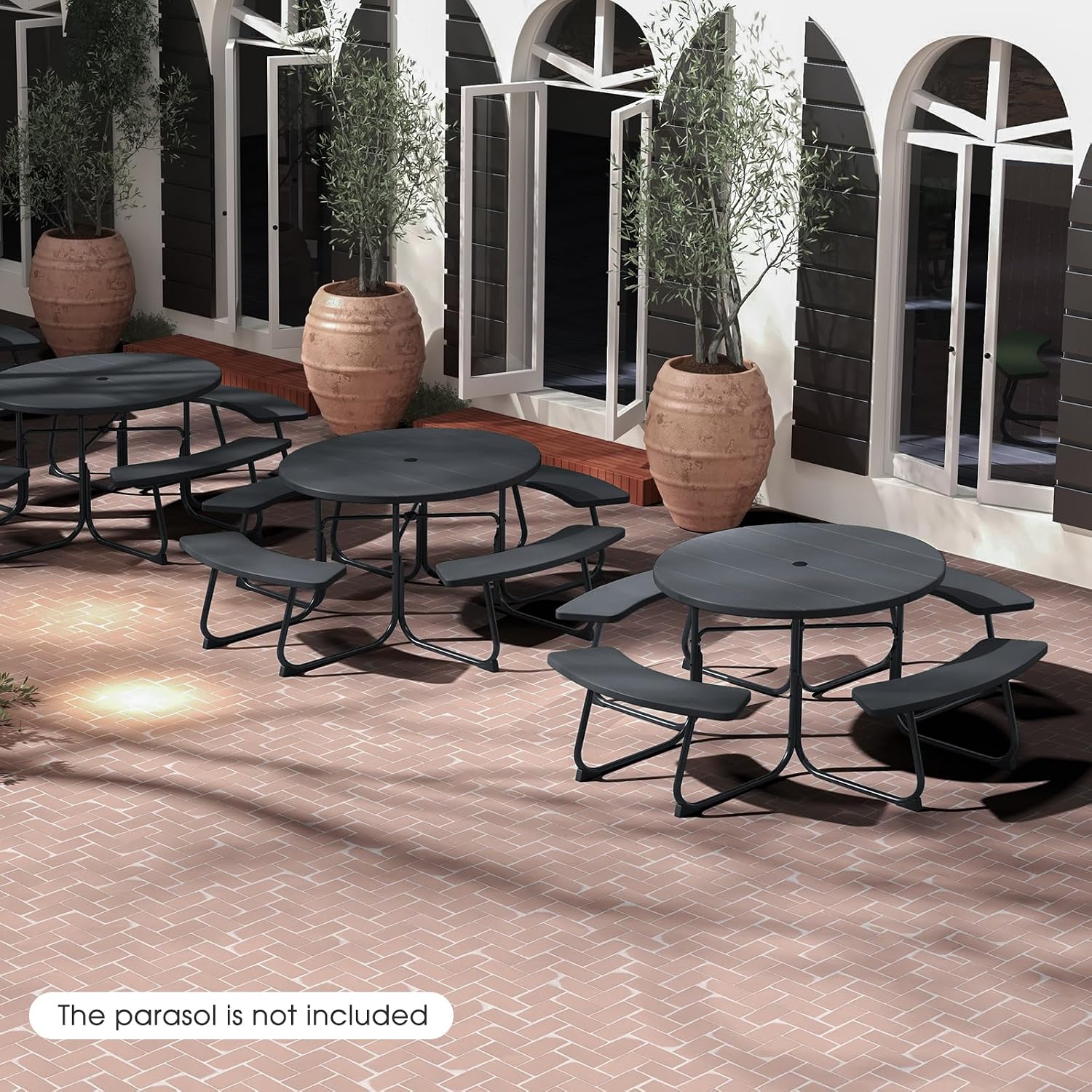 Giantex Picnic Table Set for Up to 8 Persons, Round Outdoor Table and Bench Set with Umbrella Hole, HDPE Top & Metal Frame, 2000LBS Capacity, Patio Table Bench for Deck Backyard Garden (Black)