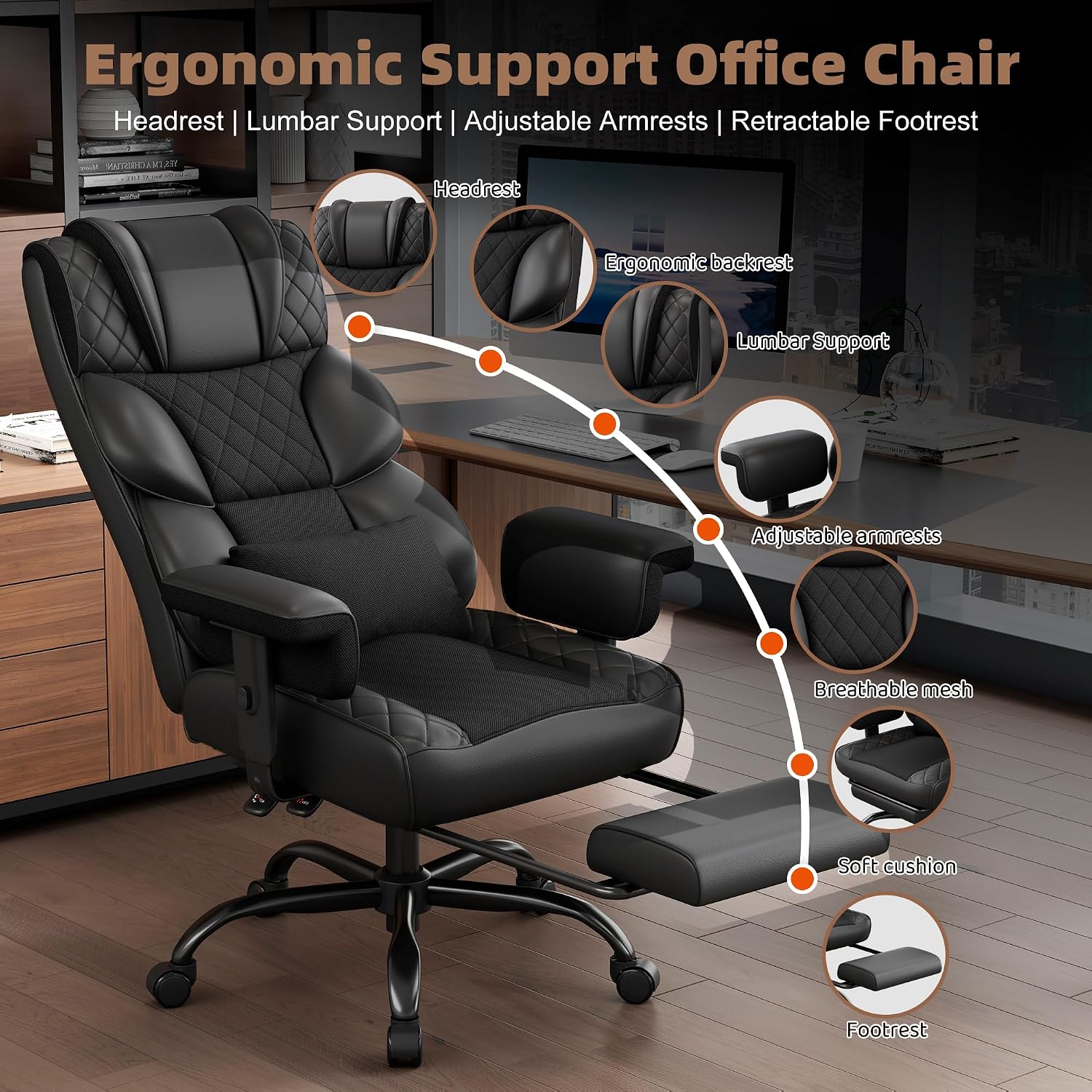 Vonesse Big and Tall Office Chair, Desk Chair with Soft Adjustable Armrests, Ergonomic High Back Gaming Chair with Lumbar Support, Executive Computer Chairs with Footrest (PU Leather, Black)