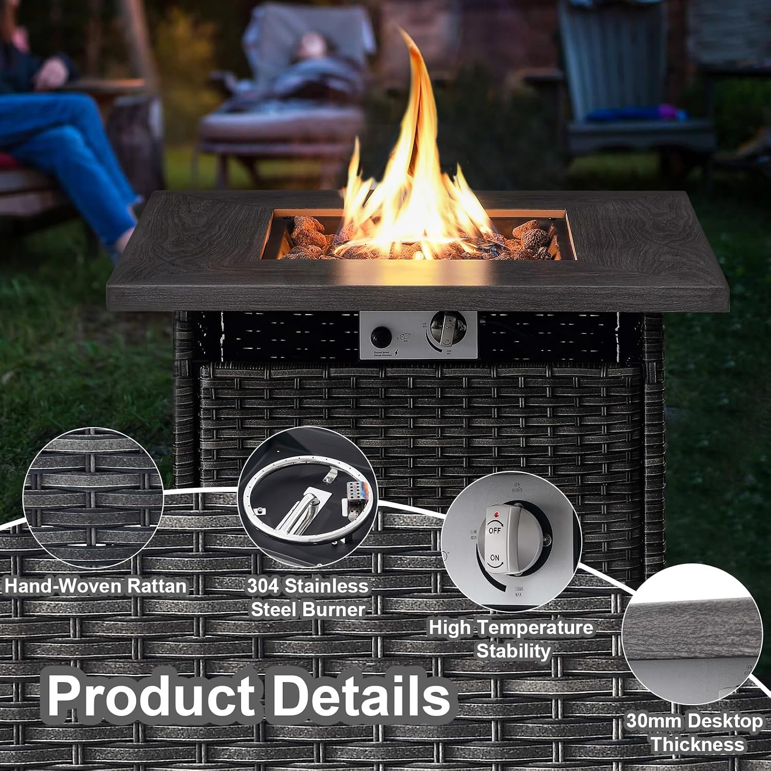 HUMMUH 5 Piece Patio Furniture Set,Wicker Swivel Rocker Patio Chairs Set of 4 with 30'' Fire Pit Table Outdoor Furniture Set for Porch,Garden,Backyard